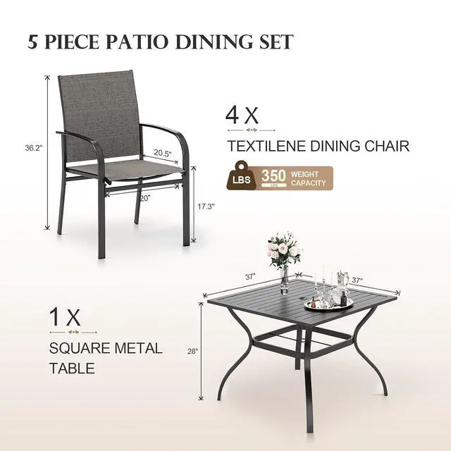 Alt view image 6 of 7 - HERA'S HOUSE 5pc Patio Dining Set for 4, Outdoor Metal Table & Brown Chairs | Textilene chairs + 37" square table with umbrella hole. Waterproof, rust-resistant, all-weather for backyard, porch