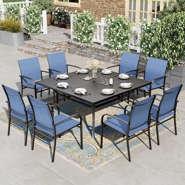 Main image of HERA'S HOUSE 9pc Outdoor Patio Dining Set for 8, Textilene Chairs, Blue | 57.5" Square Metal Table with umbrella hole. Waterproof, rust-resistant, all-weather for backyard, porch