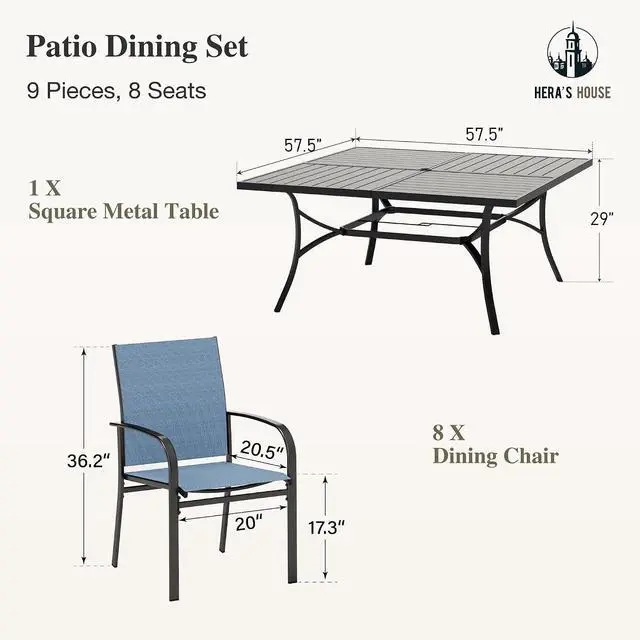 Alt view image 6 of 7 - HERA'S HOUSE 9pc Outdoor Patio Dining Set for 8, Textilene Chairs, Blue | 57.5" Square Metal Table with umbrella hole. Waterproof, rust-resistant, all-weather for backyard, porch