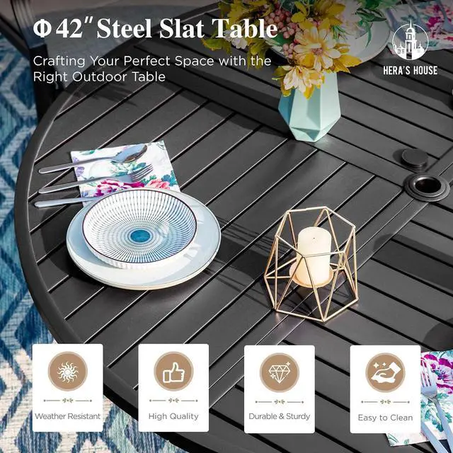 Alt view image 5 of 7 - HERA'S HOUSE 5pc Patio Dining Set for 4, 42" Round Metal Table | Blue textilene chairs, umbrella hole. Waterproof, rust-resistant, all-weather for backyard, porch