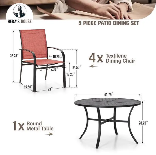 Alt view image 6 of 7 - HERA'S HOUSE 5pc Patio Dining Set for 4, 42" Round Metal Table | Red textilene chairs, umbrella hole. Waterproof, rust-resistant, all-weather for backyard, porch