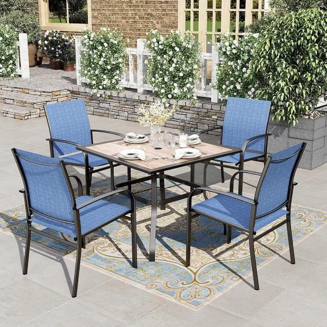 Main image of HERA'S HOUSE Patio Dining Set for 4, Wood-Look Metal Table, Blue Chair | 37" outdoor square table + textilene chairs, All-weather, rust-resistant for Lawn Garden Backyard