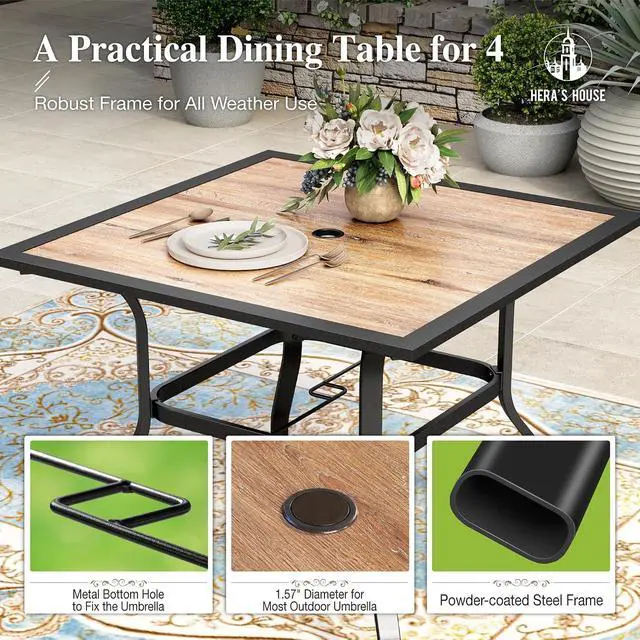 Alt view image 4 of 7 - HERA'S HOUSE Patio Dining Set for 4, Wood-Look Metal Table, Brown Chair | 37" outdoor square table + textilene chairs, All-weather, rust-resistant for Lawn Garden Backyard
