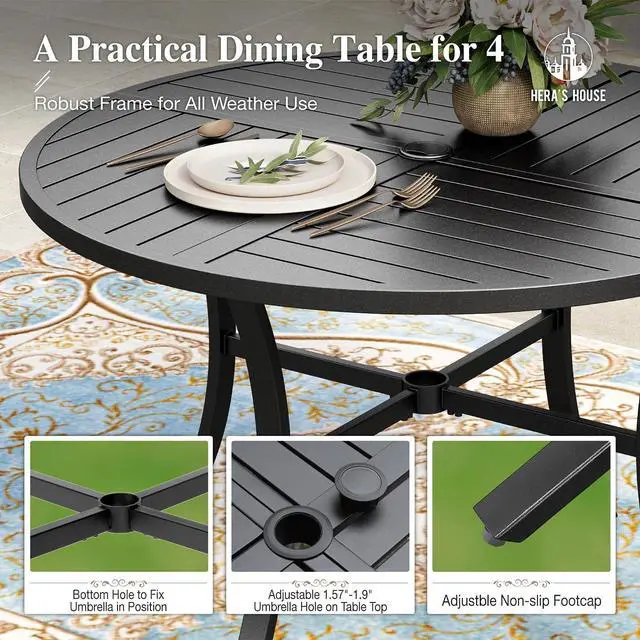 Alt view image 3 of 7 - HERA'S HOUSE 5pc Patio Dining Set for 4, 42" Round Metal Table | Brown textilene chairs, umbrella hole. Waterproof, rust-resistant, all-weather for backyard, porch