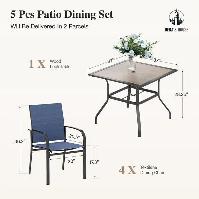 Alt view image 6 of 6 - HERA'S HOUSE Patio Dining Set for 4, Wood-Look Metal Table, Blue Chair | 37" outdoor square table + textilene chairs, All-weather, rust-resistant for Lawn Garden Backyard