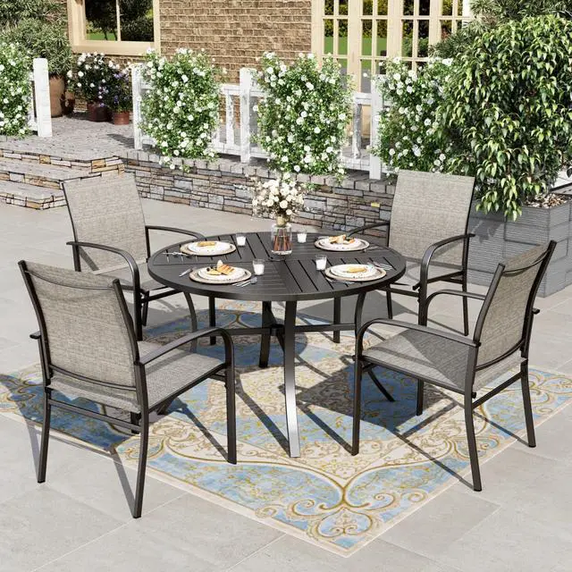 Main image of HERA'S HOUSE 5pc Patio Dining Set for 4, 42" Round Metal Table | Brown textilene chairs, umbrella hole. Waterproof, rust-resistant, all-weather for backyard, porch