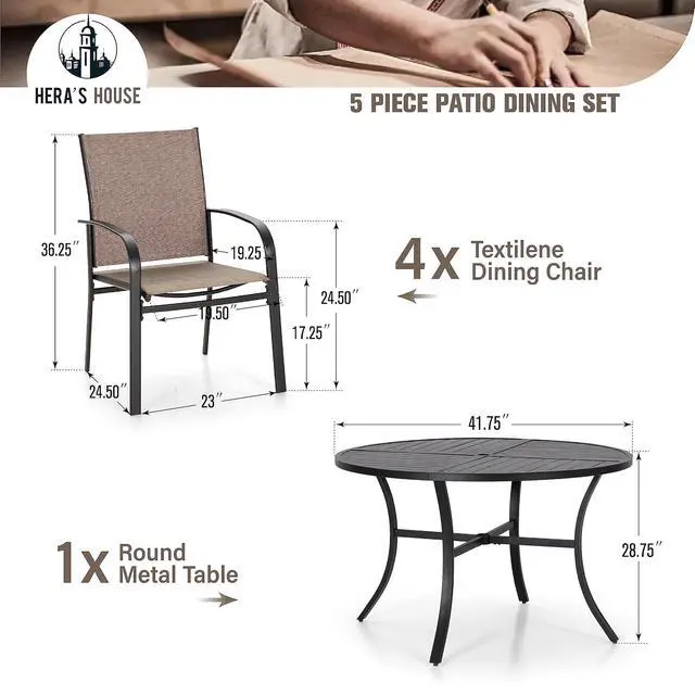 Alt view image 6 of 7 - HERA'S HOUSE 5pc Patio Dining Set for 4, 42" Round Metal Table | Brown textilene chairs, umbrella hole. Waterproof, rust-resistant, all-weather for backyard, porch