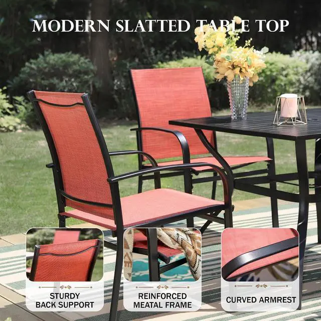 Alt view image 7 of 7 - HERA'S HOUSE 9pc Outdoor Patio Dining Set for 8, Textilene Chairs, Red | 57.5" Square Metal Table with umbrella hole. Waterproof, rust-resistant, all-weather for backyard, porch
