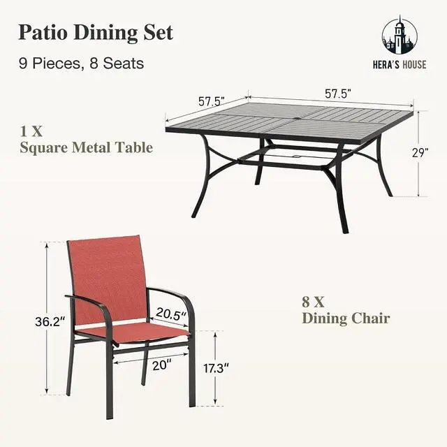 Alt view image 5 of 7 - HERA'S HOUSE 9pc Outdoor Patio Dining Set for 8, Textilene Chairs, Red | 57.5" Square Metal Table with umbrella hole. Waterproof, rust-resistant, all-weather for backyard, porch