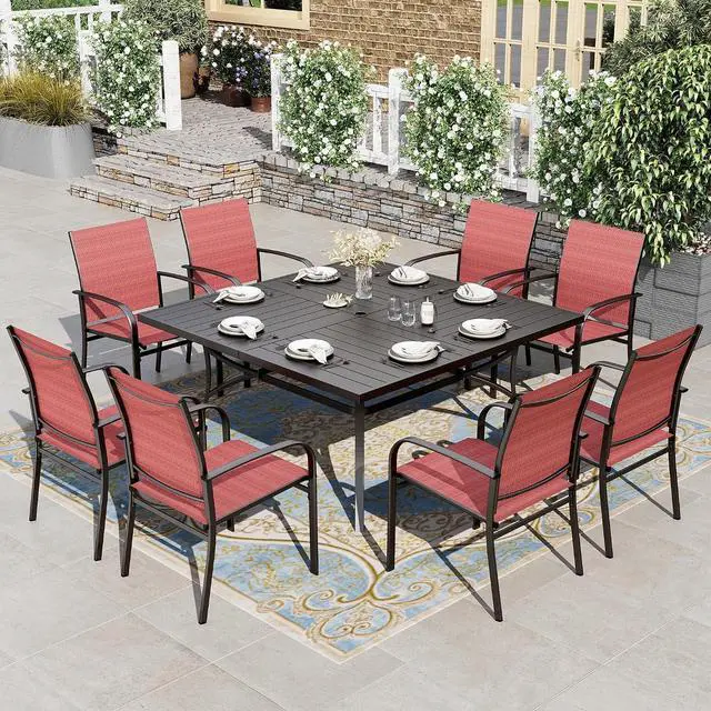 Main image of HERA'S HOUSE 9pc Outdoor Patio Dining Set for 8, Textilene Chairs, Red | 57.5" Square Metal Table with umbrella hole. Waterproof, rust-resistant, all-weather for backyard, porch