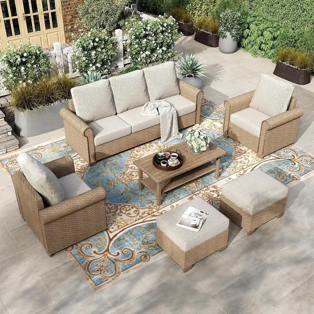 Main image of HERA'S HOUSE 6-Piece Wicker Rattan Patio Conversation Set, Beige | 6 Pieces Set, Coffee Table-Ottomans, UV resistant