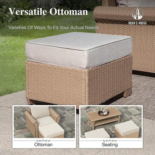 Alt view image 6 of 7 - HERA'S HOUSE 6-Piece Wicker Rattan Patio Conversation Set, Beige | 6 Pieces Set, Coffee Table-Ottomans, UV resistant