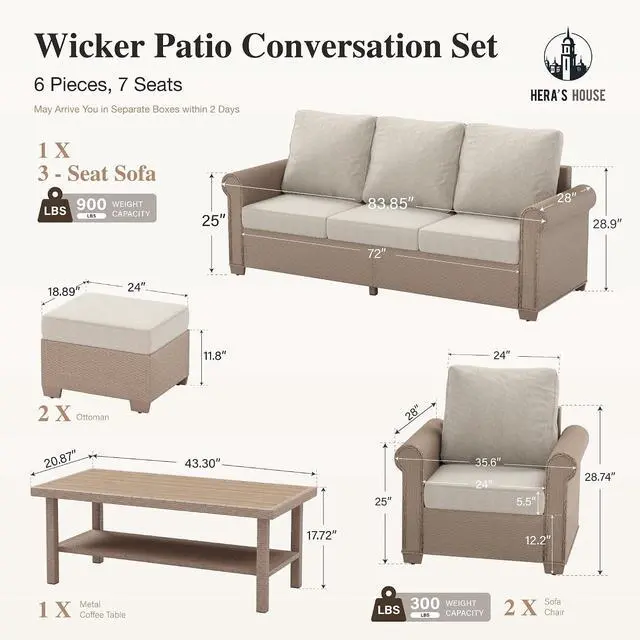 Alt view image 7 of 7 - HERA'S HOUSE 6-Piece Wicker Rattan Patio Conversation Set, Beige | 6 Pieces Set, Coffee Table-Ottomans, UV resistant