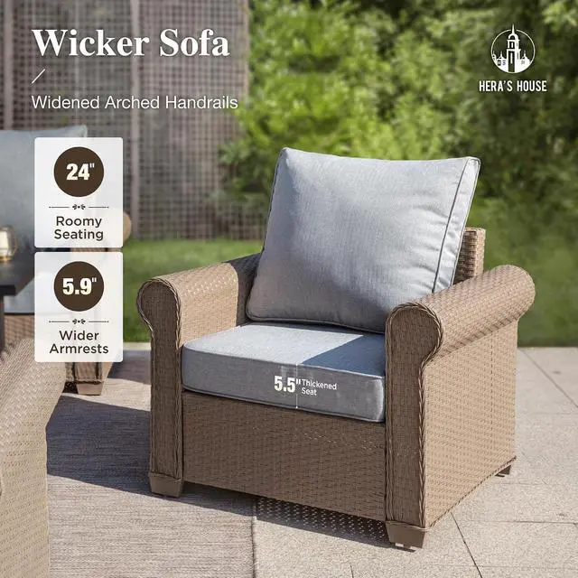 Alt view image 6 of 7 - HERA'S HOUSE 2-Piece Wicker Patio Conversation Set, 2-Seat, Grey | All-Weather, Waterproof Cushions, For Garden, Backyard
