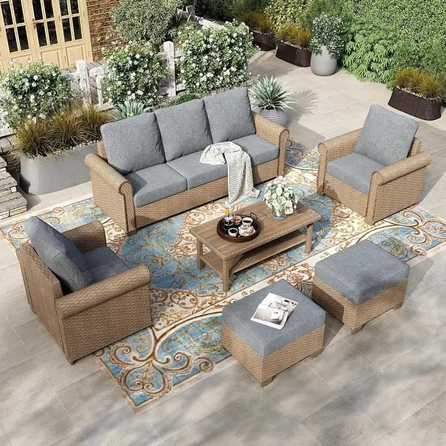Main image of HERA'S HOUSE 6-Piece Wicker Rattan Patio Conversation Set, 7-Seat, Grey | Side Table, Ottomans, All-Weather, 5.5-Inch Cushions, 44-Inch Coffee Table, For Garden, Deck, Balcony