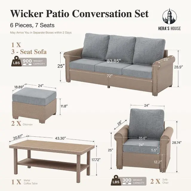 Alt view image 7 of 7 - HERA'S HOUSE 6-Piece Wicker Rattan Patio Conversation Set, 7-Seat, Grey | Side Table, Ottomans, All-Weather, 5.5-Inch Cushions, 44-Inch Coffee Table, For Garden, Deck, Balcony