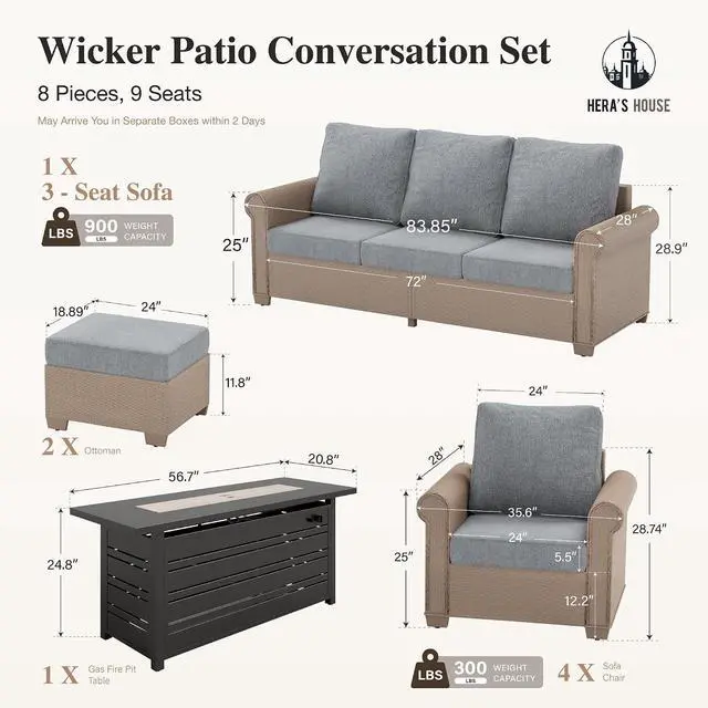 Alt view image 7 of 7 - HERA'S HOUSE 8-Piece Patio Conversation Set, 5-Seat, Fire Pit Table, Grey | 3-Seat Sofa, Coffee Table, Ottomans, All-Weather, For Deck, Backyard