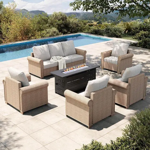 Main image of HERA'S HOUSE 6-Piece Patio Conversation Set, 5-Seat, Fire Pit Table, Beige | 3-Seat Sofa, Coffee Table, All-Weather, For Deck, Backyard