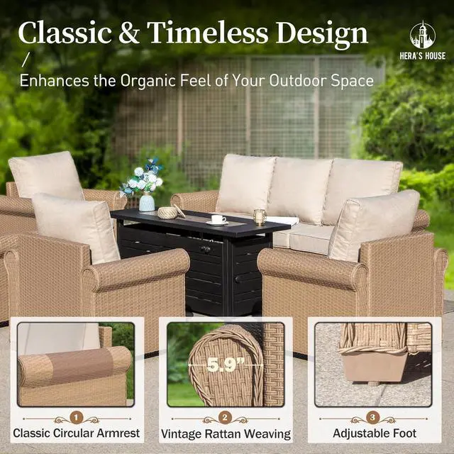 Alt view image 5 of 7 - HERA'S HOUSE 6-Piece Wicker Rattan Patio Conversation Set, Beige | 6 Pieces Set, Coffee Table-Ottomans, UV resistant