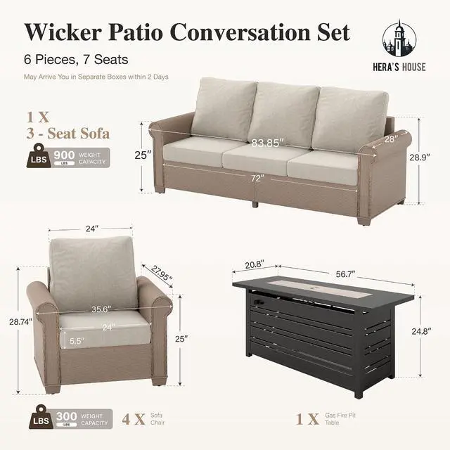 Alt view image 7 of 7 - HERA'S HOUSE 6-Piece Patio Conversation Set, 5-Seat, Fire Pit Table, Beige | 3-Seat Sofa, Coffee Table, All-Weather, For Deck, Backyard