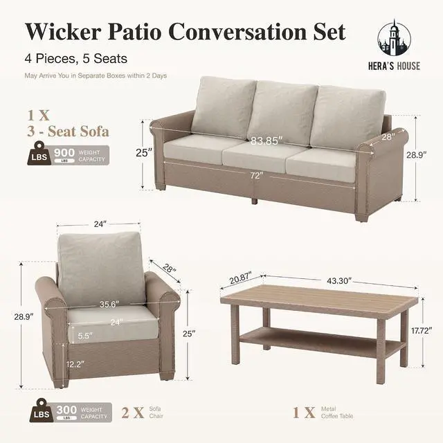 Alt view image 2 of 7 - HERA'S HOUSE 4-Piece Wicker Outdoor Conversation Set, Beige | 4 Pieces Set, Coffee Table, UV resistant, Modern/Contemporary