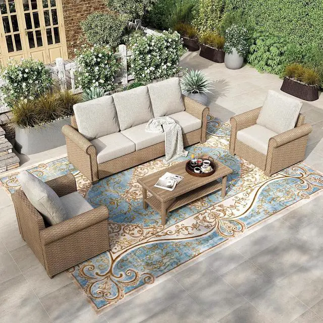 Main image of HERA'S HOUSE 4-Piece Wicker Outdoor Conversation Set, Beige | 4 Pieces Set, Coffee Table, UV resistant, Modern/Contemporary