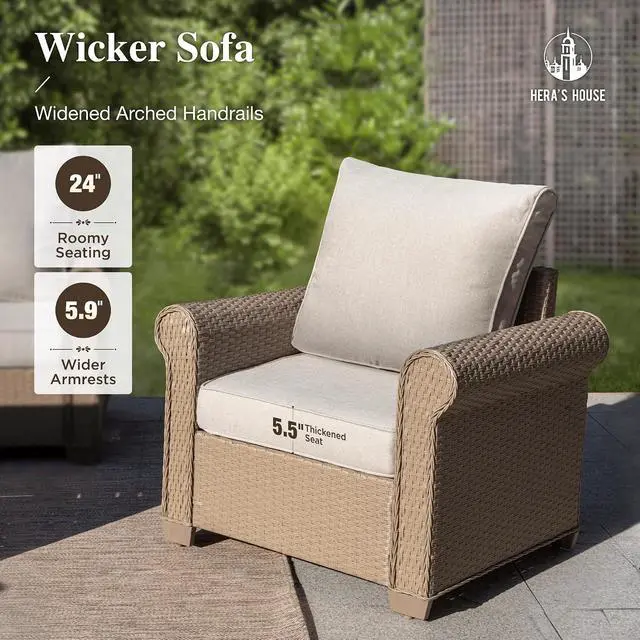 Alt view image 3 of 7 - HERA'S HOUSE 6-Piece Patio Conversation Set, 5-Seat, Beige | 3-Seat Sofa, Coffee Table, All-Weather, For Deck, Backyard