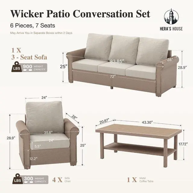 Alt view image 2 of 7 - HERA'S HOUSE 6-Piece Patio Conversation Set, 5-Seat, Beige | 3-Seat Sofa, Coffee Table, All-Weather, For Deck, Backyard