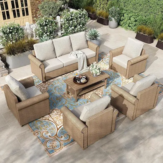 Main image of HERA'S HOUSE 6-Piece Patio Conversation Set, 5-Seat, Beige | 3-Seat Sofa, Coffee Table, All-Weather, For Deck, Backyard