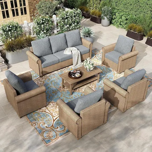 Main image of HERA'S HOUSE 6-Piece Patio Conversation Set, 5-Seat, Grey | 3-Seat Sofa, Coffee Table, Side Table, Ottomans, All-Weather, For Garden, Deck, Backyard