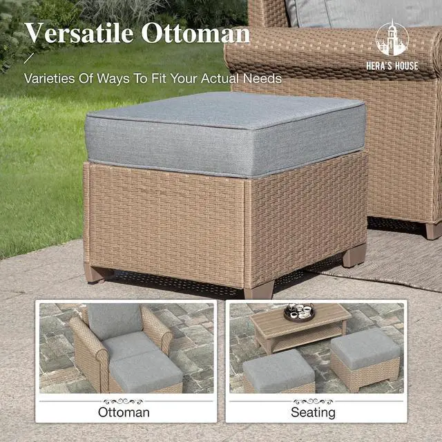 Alt view image 6 of 7 - HERA'S HOUSE 6-Piece Wicker Rattan Patio Conversation Set, 7-Seat, Grey | Side Table, Ottomans, All-Weather, 5.5-Inch Cushions, 44-Inch Coffee Table, For Garden, Deck, Balcony