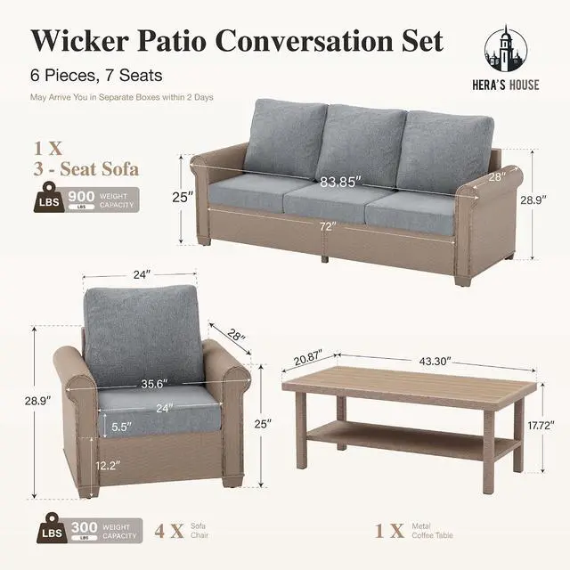 Alt view image 7 of 7 - HERA'S HOUSE 6-Piece Patio Conversation Set, 5-Seat, Grey | 3-Seat Sofa, Coffee Table, Side Table, Ottomans, All-Weather, For Garden, Deck, Backyard