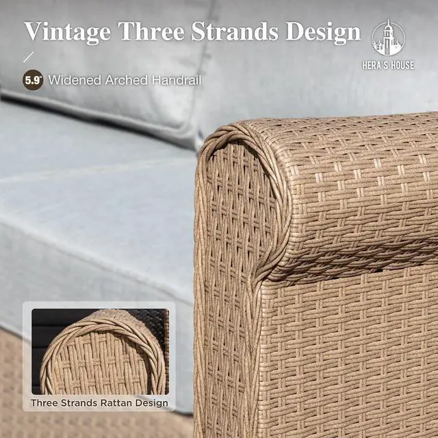 Alt view image 2 of 7 - HERA'S HOUSE 5-Piece Wicker Rattan Patio Conversation Set, Gray | 5 Pieces Set-Ottomans, Coffee Table, UV resistant
