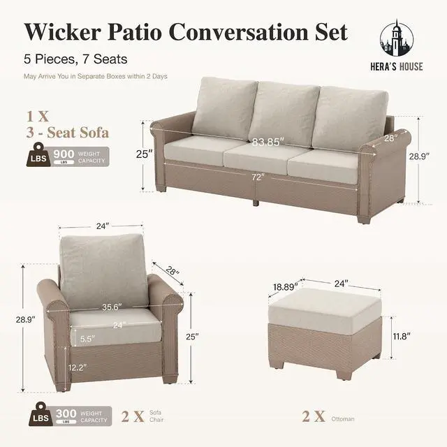 Alt view image 2 of 7 - HERA'S HOUSE 5-Piece Wicker Patio Furniture Set, 5 Pieces Set-Ottomans | Beige, UV resistant