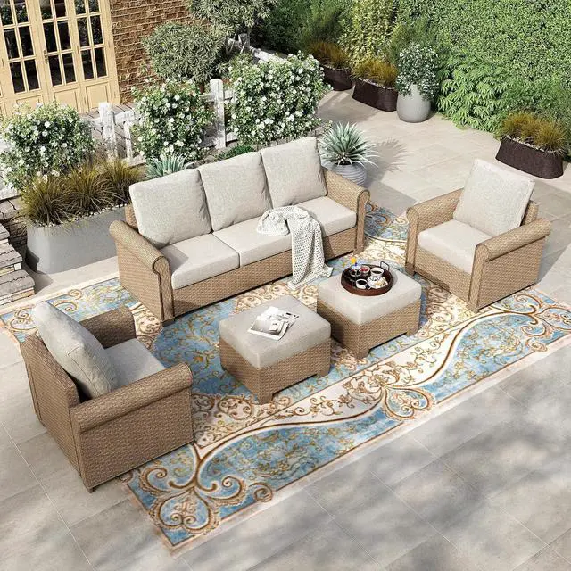 Main image of HERA'S HOUSE 5-Piece Wicker Patio Furniture Set, 5 Pieces Set-Ottomans | Beige, UV resistant