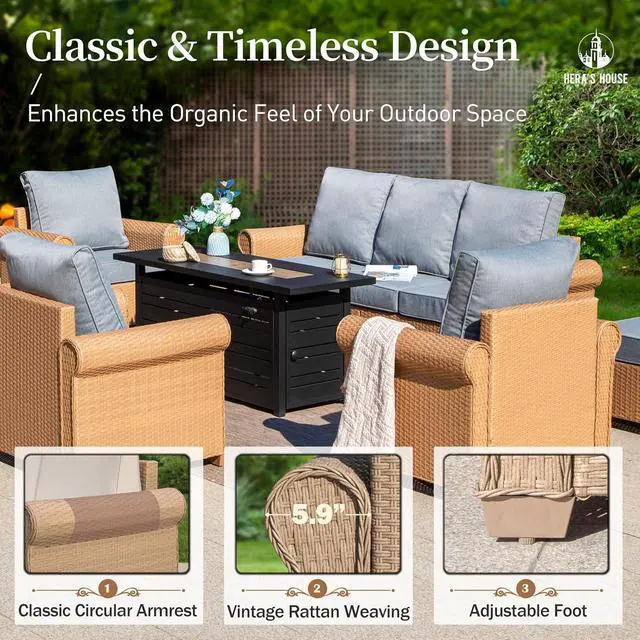 Alt view image 5 of 7 - HERA'S HOUSE 6-Piece Patio Conversation Set, 5-Seat, Grey | 3-Seat Sofa, Coffee Table, Side Table, Ottomans, All-Weather, For Garden, Deck, Backyard