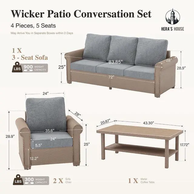 Alt view image 7 of 7 - HERA'S HOUSE 4-Piece Patio Conversation Set, 5-Seat, Grey | 3-Seat Sofa, Coffee Table, All-Weather, For Deck, Backyard