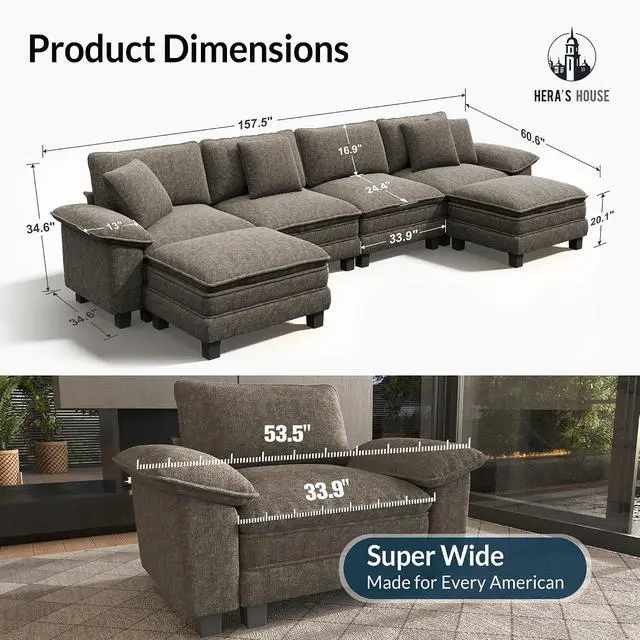 Alt view image 2 of 7 - HERA'S HOUSE 158" Oversized Modular Sectional U Shaped Sofa,Chenille Ash | 6-Seater Living Room Couches, Wider Armrest and Deep Seat, Comfy Cloud Couch with Ottoman, Light Gray