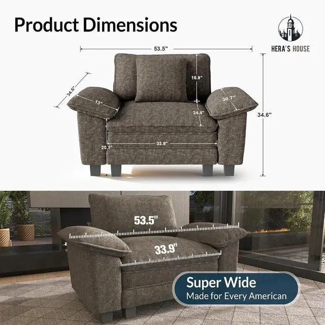 Alt view image 2 of 7 - HERA'S HOUSE 1-Seat Modular Couch Accent Chair Sofa with Throw Pillow | Modern 53.5" Single Seat, Smoky Grey, Wider Armrest, Comfy Deep Seat, Soft Chenille Sofa Chair for Living Room