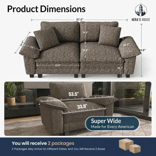Alt view image 3 of 7 - HERA'S HOUSE 88" Oversized Modular Sectional Loveseat Sofa,Chenille Ash | Loveseat Living Room Couches, Wider Armrest and Deep Seat, Comfy Cloud Couch with Ottoman, Light Gray