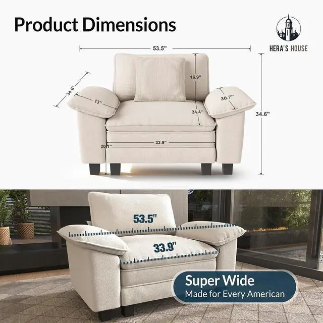 Alt view image 2 of 7 - HERA'S HOUSE 1-Seat Modular Couch Accent Chair Sofa with Throw Pillow | Modern 53.5" Single Seat, White, Wider Armrest, Comfy Deep Seat, Soft Chenille Sofa Chair for Living Room
