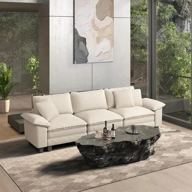 Main image of HERA'S HOUSE 124" Oversized Modular Sectional Straight Sofa,Chenille White | 3-Seater Living Room Couches, Wider Armrest and Deep Seat, Comfy Cloud Couch with Ottoman, Wood Sturdy Frame