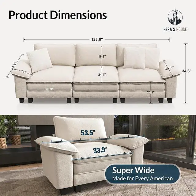 Alt view image 2 of 7 - HERA'S HOUSE 124" Oversized Modular Sectional Straight Sofa,Chenille White | 3-Seater Living Room Couches, Wider Armrest and Deep Seat, Comfy Cloud Couch with Ottoman, Wood Sturdy Frame