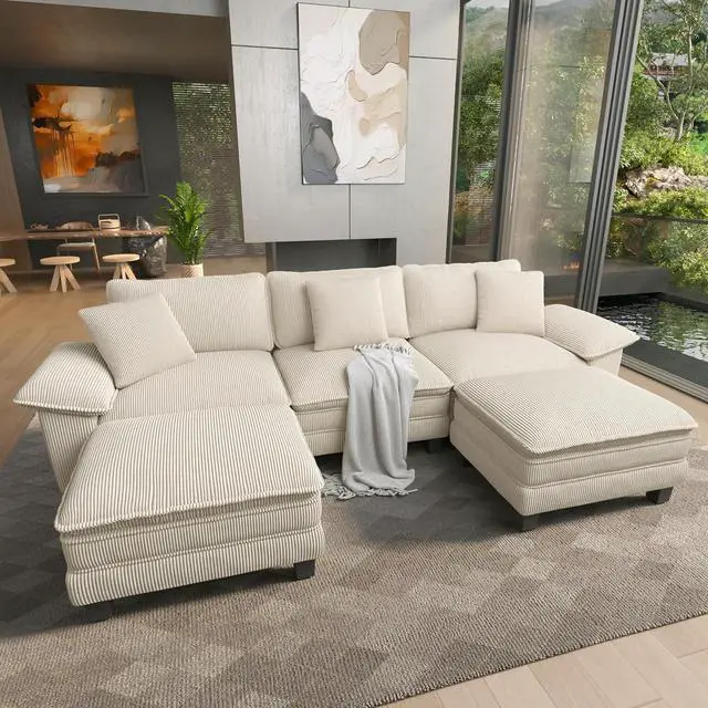 Main image of HERA'S HOUSE 124" Oversized Modular Sectional U Shaped Sofa, Corduroy Beige | 5-Seater Living Room Couches, Wider Armrest and Deep Seat, Comfy Cloud Couch with Ottoman, Wood Sturdy Frame