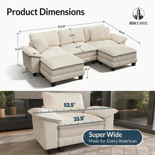 Alt view image 2 of 7 - HERA'S HOUSE 124" Oversized Modular Sectional U Shaped Sofa, Corduroy Beige | 5-Seater Living Room Couches, Wider Armrest and Deep Seat, Comfy Cloud Couch with Ottoman, Wood Sturdy Frame