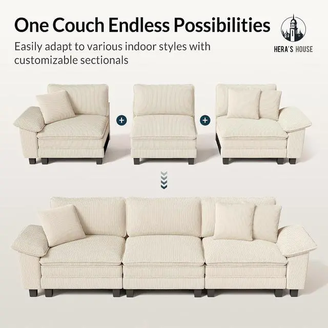 Alt view image 7 of 7 - HERA'S HOUSE 3-Seat L Shaped Modular Cloud Couch Sectional Sofa Ottoman | Modern 87.5" Couch, Beige, Wider Armrest, Comfy Deep Seat, Soft Corduroy Sofa for Living Room