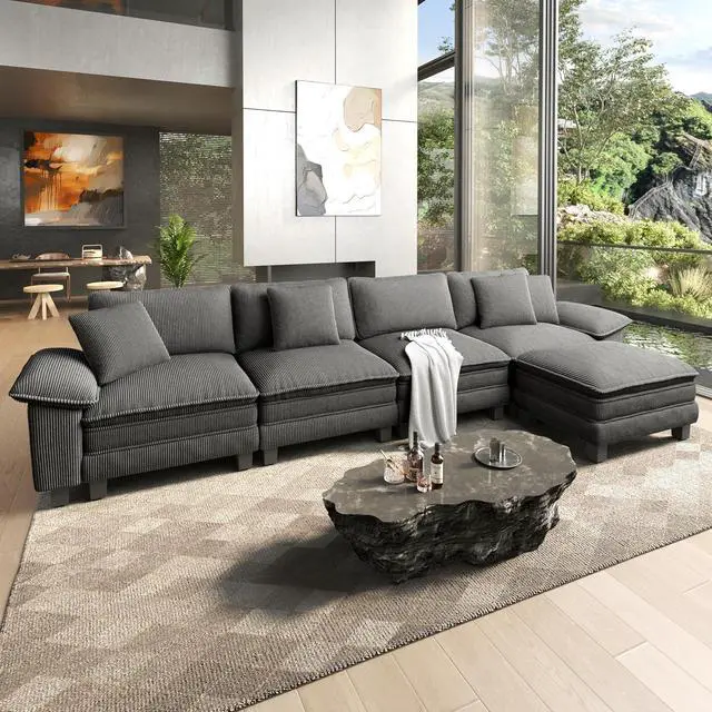 Main image of HERA'S HOUSE 158" Oversized Modular Sectional L Shaped Sofa, Corduroy Grey | 5-Seater Living Room Couches, Wider Armrest and Deep Seat, Comfy Cloud Couch with Ottoman, Wood Sturdy Frame