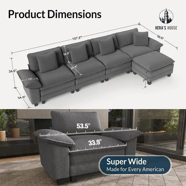 Alt view image 2 of 7 - HERA'S HOUSE 158" Oversized Modular Sectional L Shaped Sofa, Corduroy Grey | 5-Seater Living Room Couches, Wider Armrest and Deep Seat, Comfy Cloud Couch with Ottoman, Wood Sturdy Frame