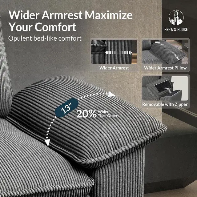 Alt view image 3 of 7 - HERA'S HOUSE 88" Oversized Modular Sectional Loveseat Sofa, Corduroy Grey | Loveseat Living Room Couches, Wider Armrest and Deep Seat, Comfy Cloud Couch with Ottoman, Wood Sturdy Frame