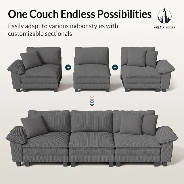Alt view image 7 of 7 - HERA'S HOUSE 88" Oversized Modular Sectional Loveseat Sofa, Corduroy Grey | Loveseat Living Room Couches, Wider Armrest and Deep Seat, Comfy Cloud Couch with Ottoman, Wood Sturdy Frame